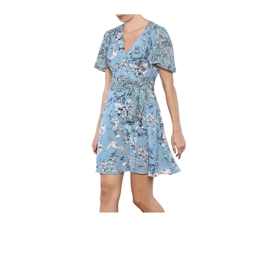BCBGMAXAZRIA XS Floral Print Mini Wrap Dress Short Sleeve Blue
